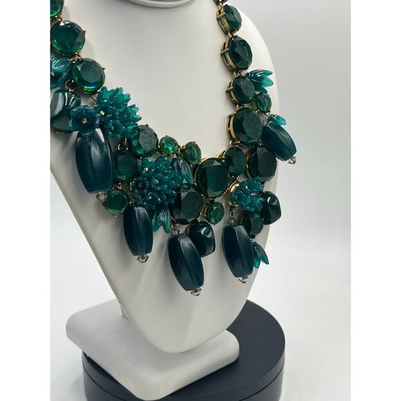 J. Crew Green Bauble Glass Resin Flower Cluster Bib Runway Gold Ox Necklace - Picture 5 of 11